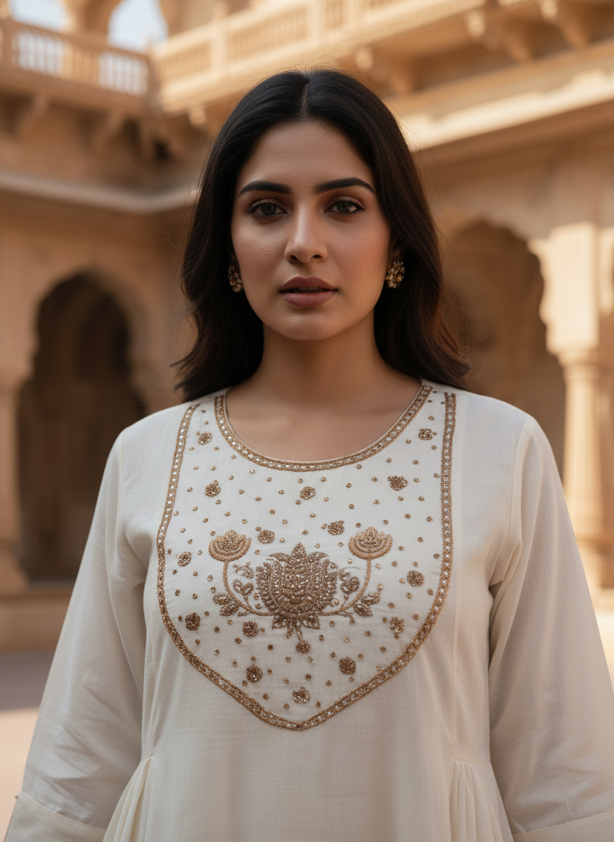Off-White Cotton Dress with Zardozi & Pitta Work