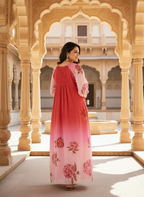 Pink & Red Ombre Rose Print Cotton Dress with Pleated Yoke