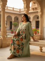 Pale Green Cotton Dress with Floral Satin Center Panel & Cutwork Lace