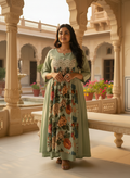 Pale Green Cotton Dress with Floral Satin Center Panel & Cutwork Lace