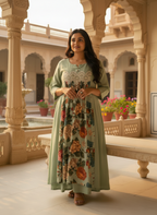 Pale Green Cotton Dress with Floral Satin Center Panel & Cutwork Lace