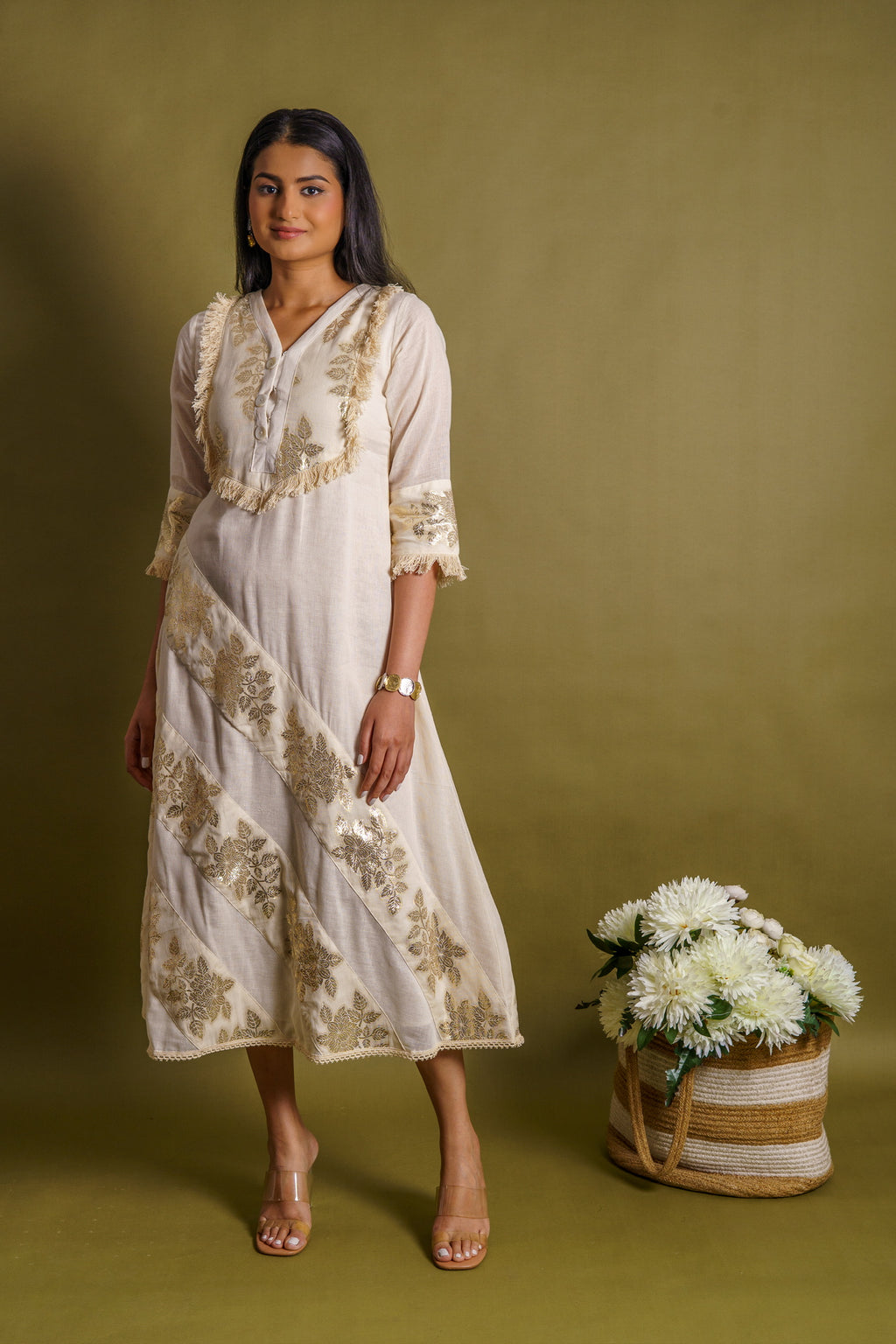 Off-white cotton dress with silver patti appliqué
