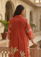 Rust cotton collared printed dress with pintuck detailing