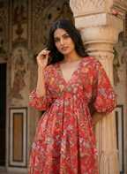 Red Floral Cotton Kota Layered Dress