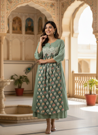 Sage Green Cotton Dress with Lace Yoke and Printed Panel.