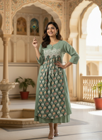 Sage Green Cotton Dress with Lace Yoke and Printed Panel.