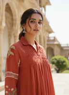 Rust cotton collared printed dress with pintuck detailing