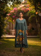 Dark Teal Animal Print Cotton Kurti with Lace detailing.