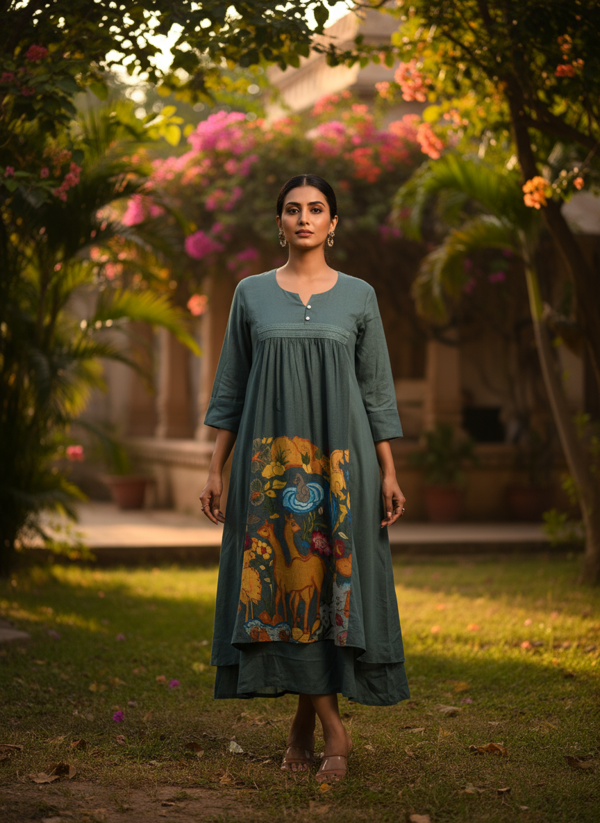 Dark Teal Animal Print Cotton Kurti with Lace detailing.