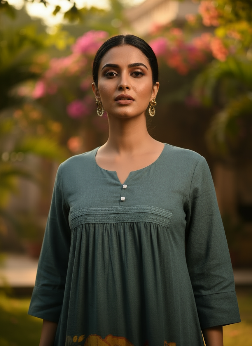 Dark Teal Animal Print Cotton Kurti with Lace detailing.