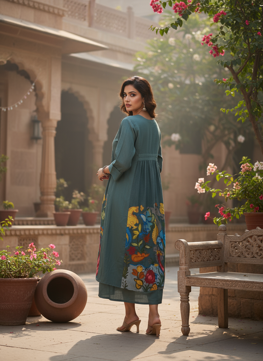 Dark Teal Animal Print Cotton Kurti with Lace detailing.