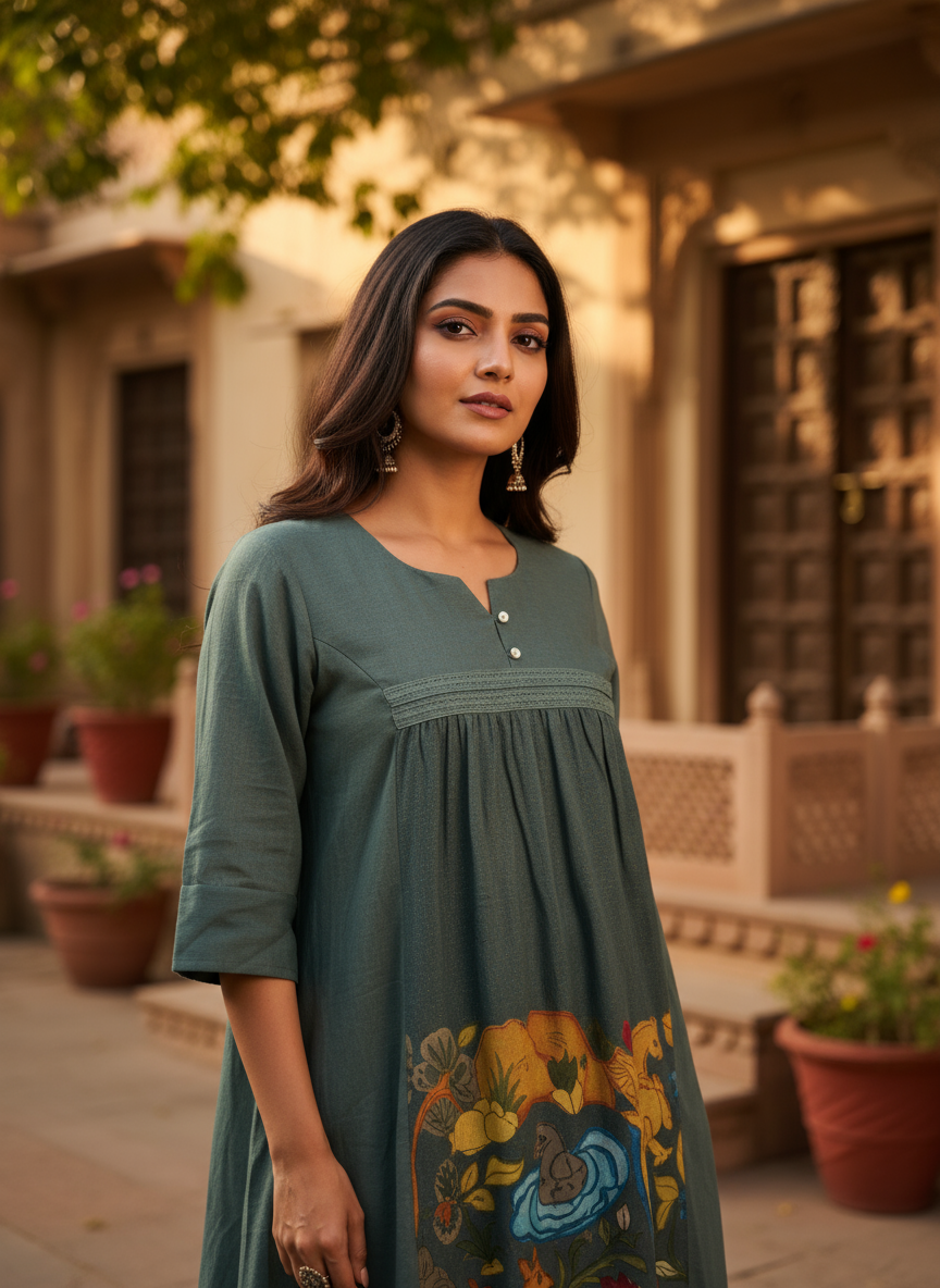 Dark Teal Animal Print Cotton Kurti with Lace detailing.