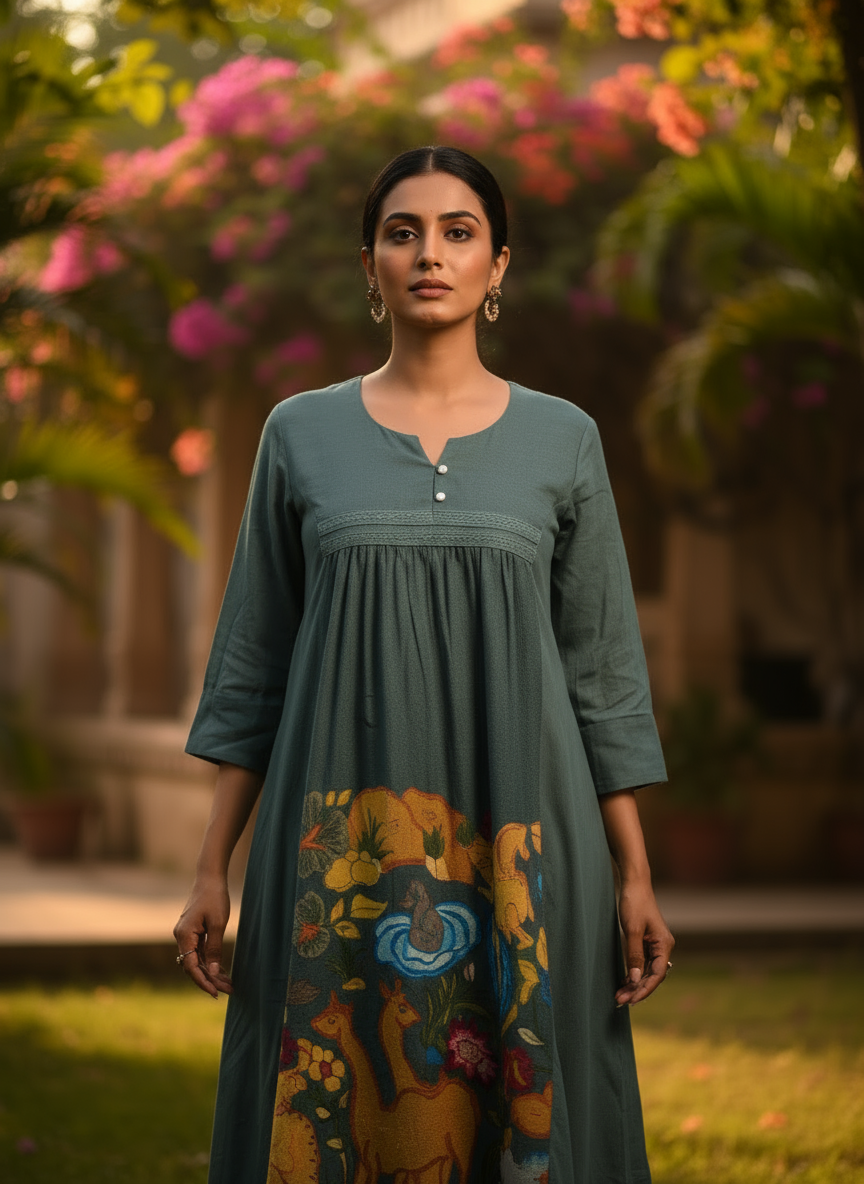 Dark Teal Animal Print Cotton Kurti with Lace detailing.