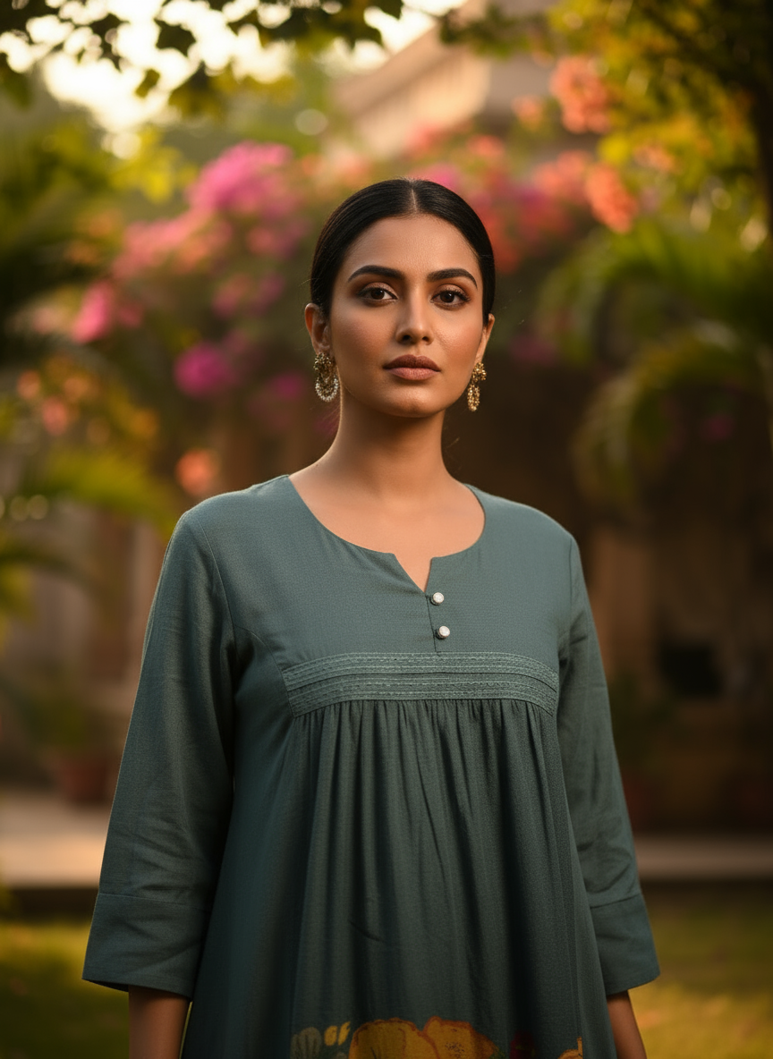 Dark Teal Animal Print Cotton Kurti with Lace detailing.