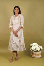 Off-white cotton dress with silver patti appliqué