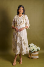 Off-white cotton dress with silver patti appliqué