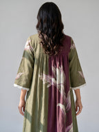 Olive Green Botanical Printed Cotton Dress with Gathered Yoke and Lace Trim Details