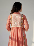 Blush Pink Cotton Dress with Floral Embroidered Yoke, Printed Panels and Fringe Details