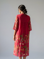 Raspberry Pink Heritage Printed Cotton Dress with Gathered Yoke and Lace Accents