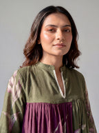 Olive Green Botanical Printed Cotton Dress with Gathered Yoke and Lace Trim Details
