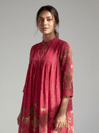 Raspberry Pink Heritage Printed Cotton Dress with Gathered Yoke and Lace Accents