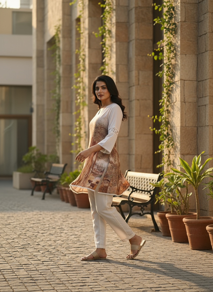 Ivory & Ochre Abstract Print Tunic With Pants