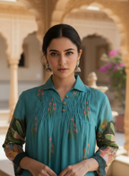 Teal cotton collared printed dress with pintuck detailing