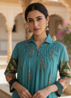 Teal cotton collared printed dress with pintuck detailing