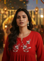 Red Embroidered A-Line Kurti with Elegant Floral Detailing